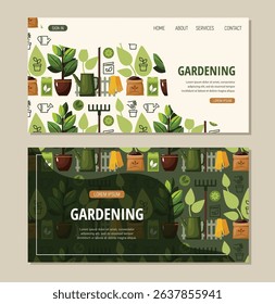 Gardening tools and flowers in garden. Set web banners gardening service, agricultural and farming services social media post lawn gardening. Beautiful circle background for the gardening concept