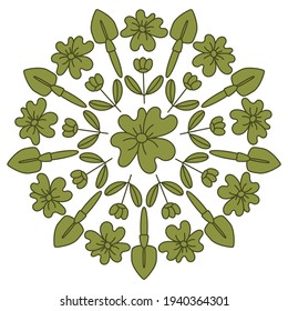 Gartenwerkzeuge und Blumen, Mandala . Vektorhintergrund. Das Konzept der Gartenarbeit.