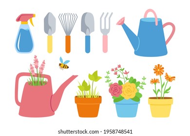 Gardening tools and flowers in pot flat cartoon set. Houseplants roses and lavender, shovel, rake, spray watering can. Hand drawn work equipment. Construction equipment collection vector illustration