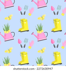 Gardening tools and flowers seamless pattern. Vector background with rubber boots, waterring, flowers and butterfly.