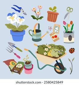 Gardening tools and flowers vector set in flat cartoon style. Springtime stickers for poster and greeting cards. Growing plants, flowers and herbs, seedling. Caring for garden and decoration elements