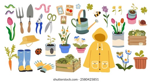 Gardening tools and flowers vector set in flat cartoon style. Springtime stickers for poster and greeting cards. Growing plants, flowers and herbs, seedling. Caring for garden and decoration elements