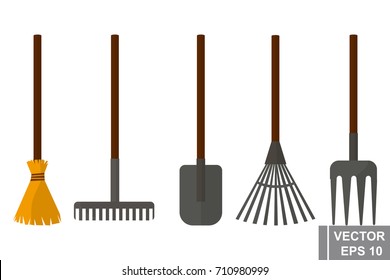 Gardening Tools. Forks, shovel, broom. Job. Cleaning. For your design.
