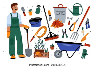 Gardening Tools. Funny Gardener With Plants Care Accessories. Buckets And Wheelbarrow. Agriculture Worker. Watering Cans And Shovels. Farming Man In Work Uniform