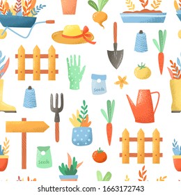 Gardening tools, garden care, doodle elements on white background, cartoon style, seamless pattern.
