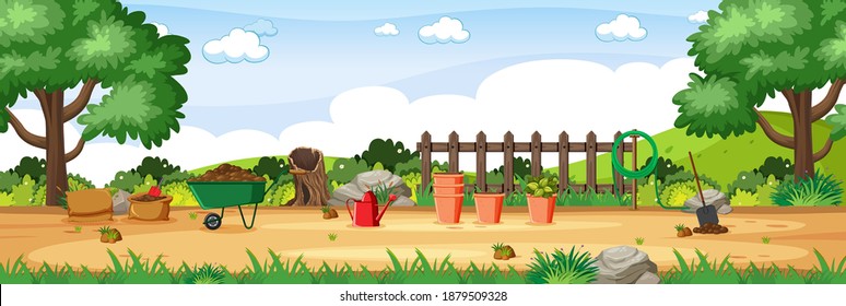 Gardening tools in the garden horizontal scene illustration