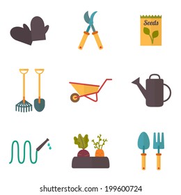 Gardening tools, garden icons set, flat design vector