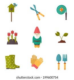 Herramientas de jardinería, conjunto de iconos de jardín, vector de diseño plano