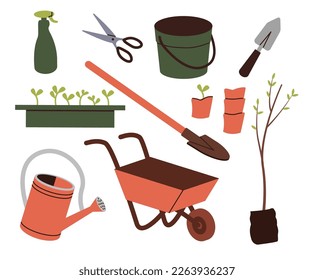 Gardening tools, garden manteinance. Vector collection of gardening tools.