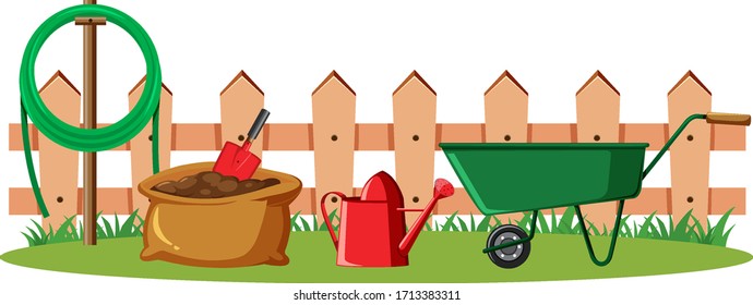 Gardening tools in the garden on white background illustration