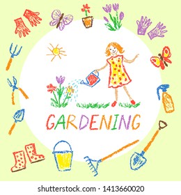 Gardening tools and girl set in frame. Garden kids art. Like child hand drawing funny. Crayon, pencil or pastel chalk isolated vector flower, shower watering can, shovel, cart, rubber boots, plant