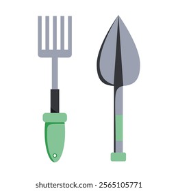 Gardening tools with green handles on a white background in flat graphic style.