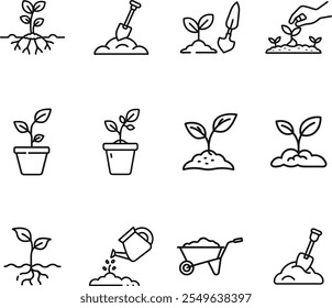 Gardening Tools and Growing Plant Icons