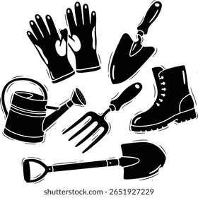 Ferramentas de jardinagem desenhado à mão ilustração silhueta preta estilo forte botas luvas de trabalho espada espada regar pode garfo