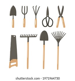 Gardening tools hand drawn vector illustration set. Garden equipment - shovel, rake, trowel, fork, cultivator, hand saw, scissors, shears