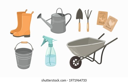 Gardening tools hand drawn vector illustration set. Garden equipment and accessories - rubber boots, wheelbarrow, watering can, spray bottle, metal bucket, trowel, cultivator, seeds packages