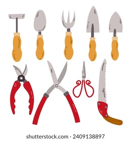 Gardening tools hand drawn vector illustration set. Garden tools - shovel, cultivator, scissors, shears, rake, hand saw.Horticulture concept .