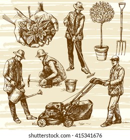 Gardening tools. Hand drawn vector illustration. Watering flowers. Farmer planting seedlings. Man cutting grass with lawn mower.