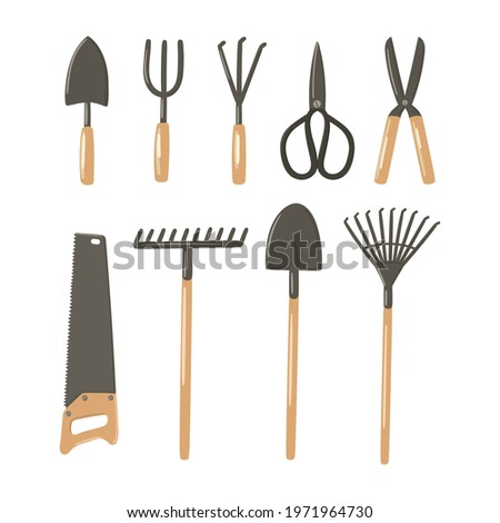 Gardening tools hand drawn vector illustration set. Garden equipment - shovel, rake, trowel, fork, cultivator, hand saw, scissors, shears