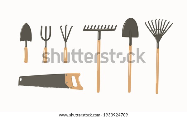Gardening tools hand drawn vector illustration set.\
Garden equipment - shovel, rake, trowel, fork, cultivator, hand\
saw