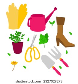 gardening tools hand gloves water sprinklers shoes shovel pitchfork scissors and potted plant botanical horticulture accessory