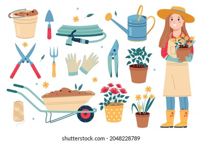 Gardening tools. Happy female gardener in work clothes holds flowers pot, wheelbarrow with earth, watering can and scissors, horticulture and planting instrument, vector cartoon flat isolated set