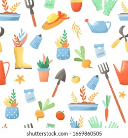 Gardening tools, home garden. Doodle elements on a white background. Seamless pattern