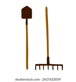 Gardening Tools Icon Flat Graphic Design. Vector Flat Rake and Shovel Illustration Isolated on white. Agriculture Equipment Objects for Card, Logotype, Clip Art, Sticker. Cartoon Digging Symbols.