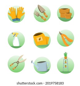 Gardening tools icon set collection for green environment earth