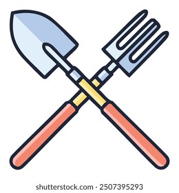 Gardening tools icon set. Crossed gardening trowel and hand rake icon illustration.  Ideal for agriculture, farming, gardening, landscaping, and nature projects.