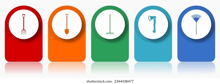 Gardening tools icon set, flat design miscellaneous colorful icons such as fork, shovel, axe and rake for webdesign and mobile applications, infographic vector template in eps 10
