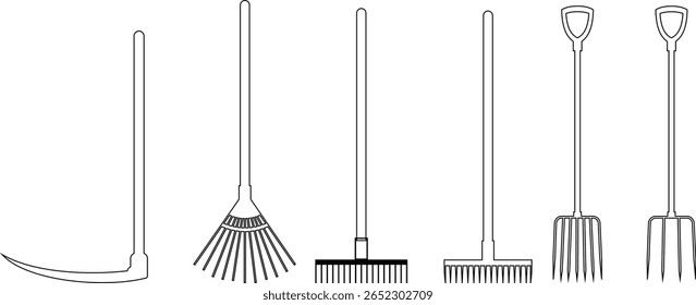 Ferramentas de jardinagem ícone definir mão rake spade, enxada, pá, e coleção vetor Trowel isolado no fundo transparente para projetos criativos. Ferramentas de jardinagem paisagem construção agrícola equipamentos de trabalho
