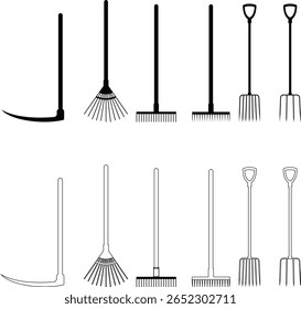 Ferramentas de jardinagem ícone definir mão rake spade, enxada, pá, e coleção vetor Trowel isolado no fundo transparente para projetos criativos. Ferramentas de jardinagem paisagem construção agrícola equipamentos de trabalho