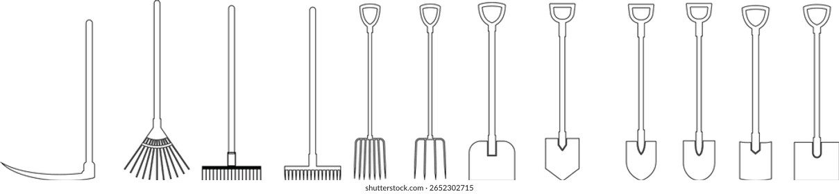 Ferramentas de jardinagem ícone definir mão rake spade, enxada, pá, e coleção vetor Trowel isolado no fundo transparente para projetos criativos. Ferramentas de jardinagem paisagem construção agrícola equipamentos de trabalho