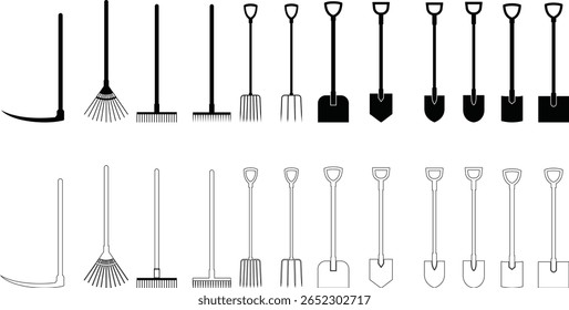 Ferramentas de jardinagem ícone definir mão rake spade, enxada, pá, e coleção vetor Trowel isolado no fundo transparente para projetos criativos. Ferramentas de jardinagem paisagem construção agrícola equipamentos de trabalho