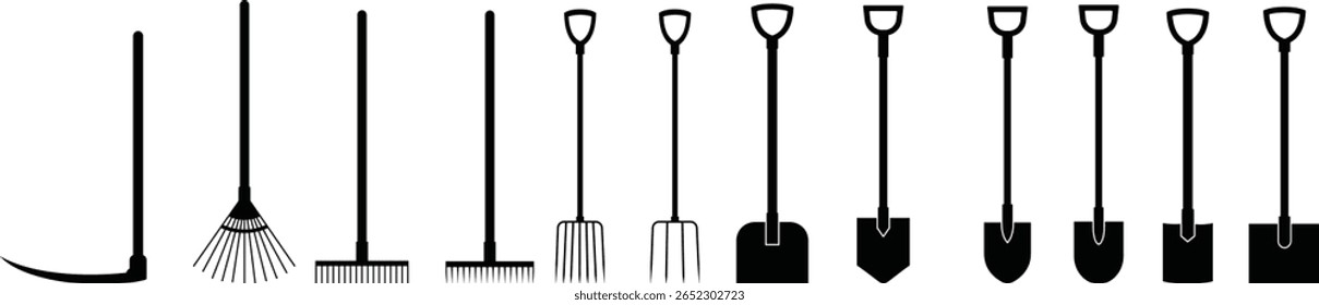 Ferramentas de jardinagem ícone definir mão rake spade, enxada, pá, e coleção vetor Trowel isolado no fundo transparente para projetos criativos. Ferramentas de jardinagem paisagem construção agrícola equipamentos de trabalho