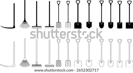 Gardening tools icon set hand rake spade, hoe, shovel, and Trowel vector collection isolated on transparent background for creative projects. Gardening tools landscape construction farm work equipment