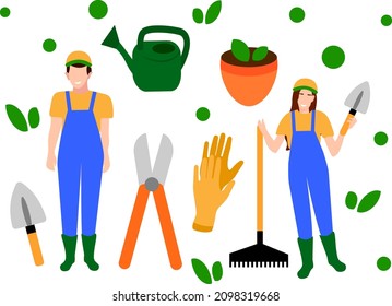 Gardening tools icon set isolated vector clip art gardener character farmer person flat cartoon garden instrument rake rubber boots watering can flower pot gloves summer spring season hobby job 
