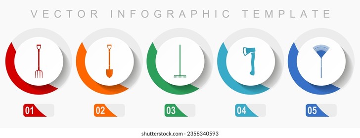 Gardening tools icon set, miscellaneous icons such as fork, shovel, axe and rake, flat design vector infographic template, web buttons in 5 color options