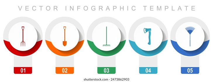 Gardening tools icon set, miscellaneous vector icons such as fork, shovel, axe and rake, modern design infographic template, web buttons in 5 color options