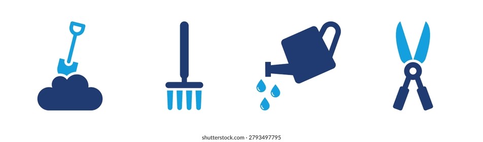 Gardening tools icon set. shovel, rake, watering, pruning, equipment. solid style icon collection.