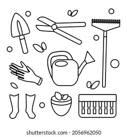 Gardening tools icon set vector graphic equipment outline doodle collection flat line art drawing rake gloves rubber boots shovel pot watering can farm hobby spring season 