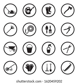 Gardening Tools Icons. Black Flat Design In Circle. Vector Illustration.