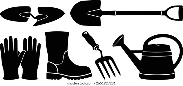 Ferramentas de jardinagem ícones estilo silhueta preta design simples elementos gráficos fortes luvas de mão botas espadas toalha regando pode