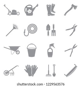 Gardening Tools Icons. Gray Flat Design. Vector Illustration. 