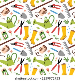 Gardening tools icons, hand drawn seamless pattern of farming equipment, doodle colored ornament of rake, watering can, pruning shears, vector illustrations of colored garden objects