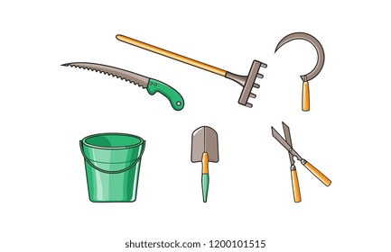 Gardening tools icons set, bucket, rake, saw, sickle, garden shears, scoop vector Illustration on a white background