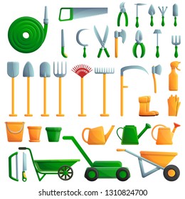 Gardening tools icons set. Cartoon set of gardening tools vector icons for web design