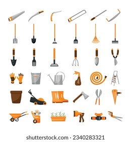 Gardening tools icons set cartoon vector. Garden inventory. Yard tools