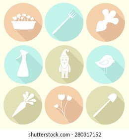 Gardening tools icons set flat design with long shadows